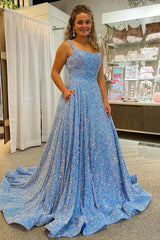 A Line Prom Dress Square Neck Light Blue Sequins Long Evening Dress