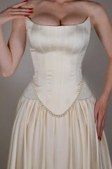 A Line Prom Dress Strapless Satin Sleeveless Formal Dress