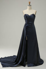 A Line Prom Dress Sweetheart Black Long Evening Dress with Split Front
