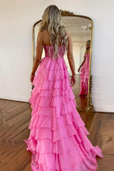 A Line Prom Dress Sweetheart Neck Lace Chiffon Pink Long Formal Evening Dress