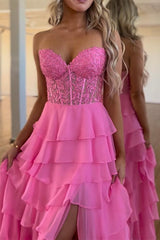 A Line Prom Dress Sweetheart Neck Lace Chiffon Pink Long Formal Evening Dress
