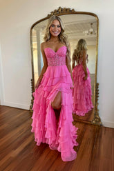 A Line Prom Dress Sweetheart Neck Lace Chiffon Pink Long Formal Evening Dress