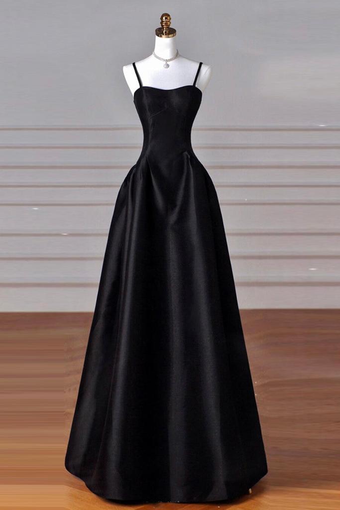 A Line Prom Dress Sweetheart Neck Satin Black Long Evening Dress