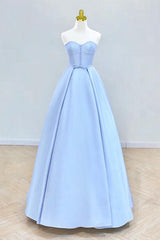A Line Prom Dress Sweetheart Neck Satin Blue Long Formal Evening Dress