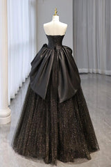 A Line Prom Dress Sweetheart Neck Tulle Satin Black Long Evening Dress
