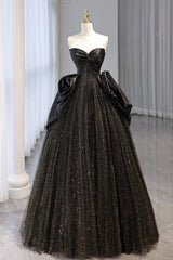 A Line Prom Dress Sweetheart Neck Tulle Satin Black Long Evening Dress
