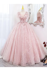 A Line Prom Dress Tulle Lace Appliques Pink Long Sweet 16 Dress Evening Dress