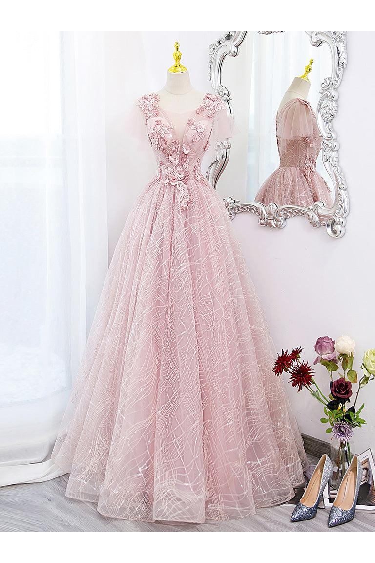 A Line Prom Dress Tulle Lace Appliques Pink Long Sweet 16 Dress Evening Dress