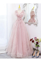 A Line Prom Dress Tulle Lace Appliques Pink Long Sweet 16 Dress Evening Dress