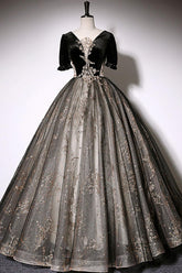 A Line Prom Dress Tulle Lace Black Long Formal Evening Dress