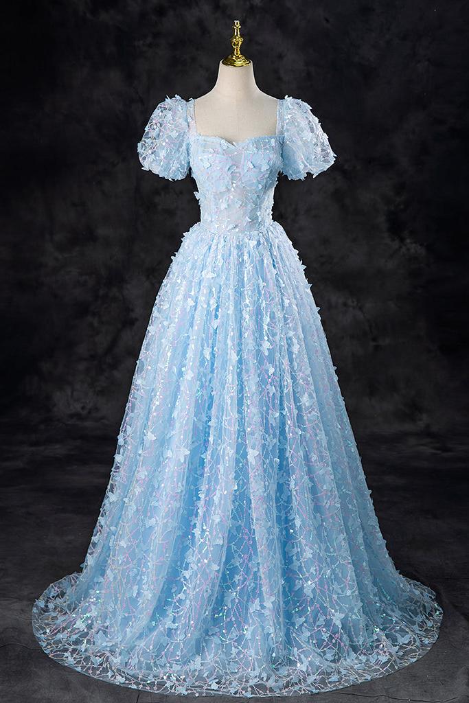 A Line Prom Dress Tulle Sequin Lace Blue Long Formal Evening Dress