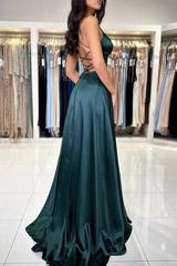 A Line Prom Dress V Neck Dark Green Satin Long Evening Dress