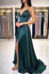 A Line Prom Dress V Neck Dark Green Satin Long Evening Dress