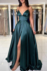 A Line Prom Dress V Neck Dark Green Satin Long Evening Dress