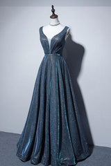 A Line Prom Dress V Neck Satin Blue Long Formal Evening Dress