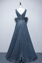 A Line Prom Dress V Neck Satin Blue Long Formal Evening Dress