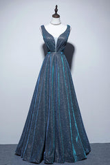 A Line Prom Dress V Neck Satin Blue Long Formal Evening Dress