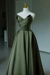 A Line Prom Dress V Neck Satin Green Long Formal Evening Dress