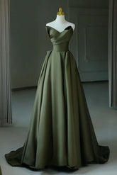 A Line Prom Dress V Neck Satin Green Long Formal Evening Dress