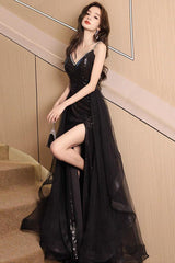 A Line Prom Dress V Neck Sequin Tulle Black Long Evening Dress