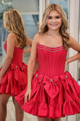 A Line Red Homecoming Dress Strapless Corset Short Prom Dress With Bows
