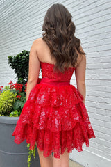 A Line Red Homecoming Dress Strapless Corset Short Prom Dress with Bow