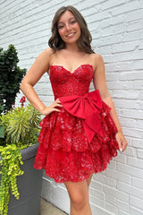A Line Red Homecoming Dress Strapless Corset Short Prom Dress with Bow