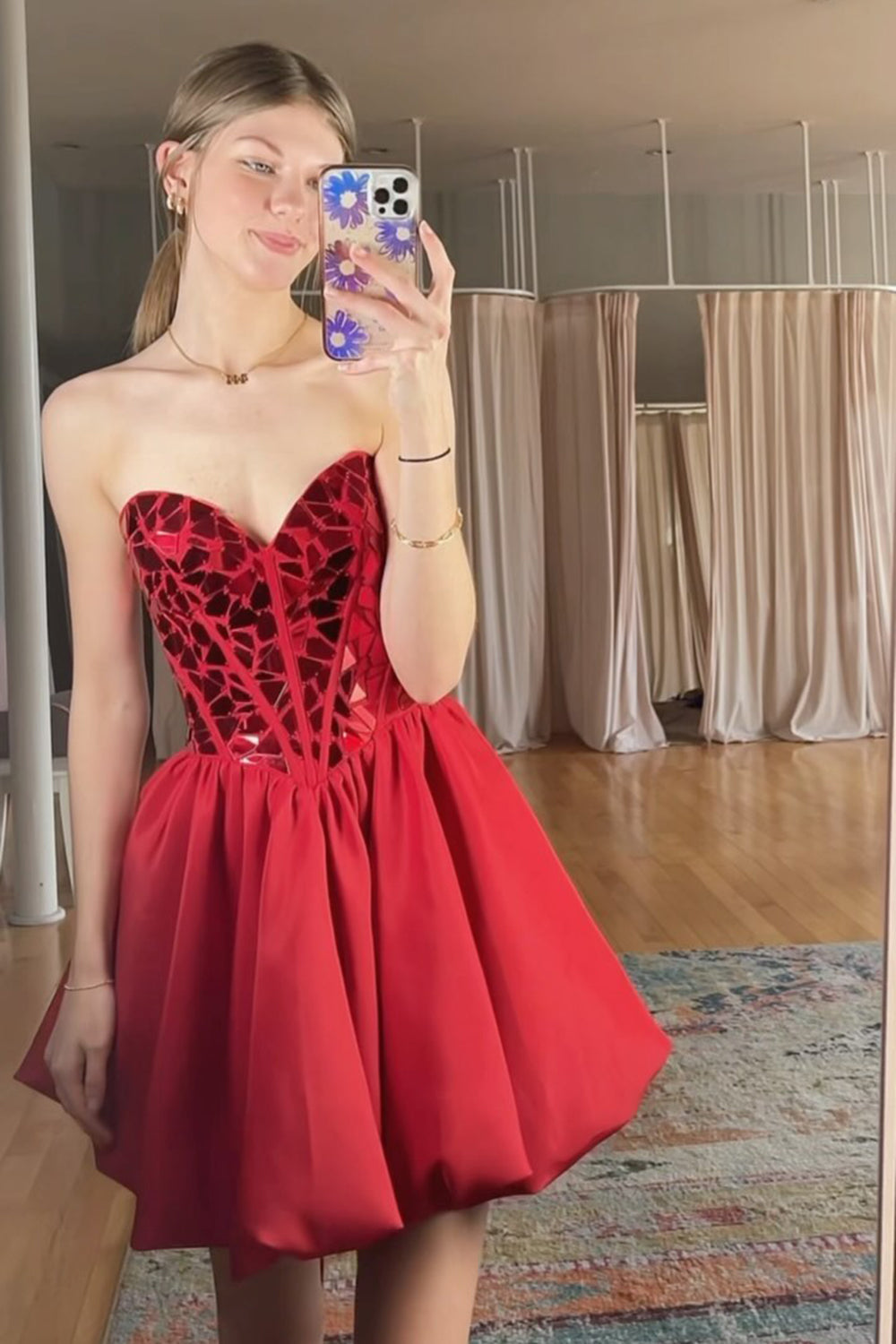 A-Line Red Homecoming Dress Strapless Mirror Pleated Short Prom Dress