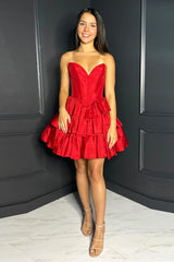 A-Line Red Homecoming Dress Sweetheart Tiered Corset Short Prom Dress
