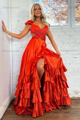A Line Red Prom Dress Hollow Out Tiered Satin Long Evening Dress with Ruffles
