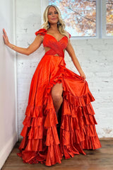 A Line Red Prom Dress Hollow Out Tiered Satin Long Evening Dress with Ruffles
