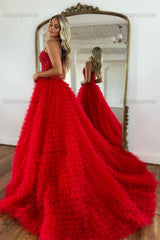 A Line Red Prom Dress Spaghetti Straps Long Tulle Evening Dress with Slit