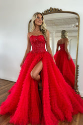 A Line Red Prom Dress Spaghetti Straps Long Tulle Evening Dress with Slit