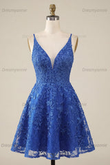 Royal Blue Lace Appliqué Beaded V-Neck A-Line Short Homecoming Dress