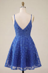 A Line Royal Blue Lace Appliqued Beaded V-Neck Short Homecoming Dress