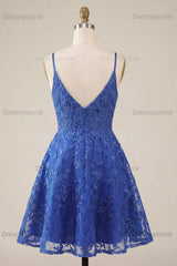 Royal Blue Lace Appliqué Beaded V-Neck A-Line Short Homecoming Dress