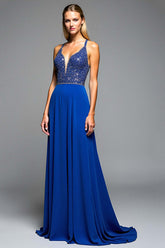 A Line Royal Blue Wedding Guest Dress Long Chiffon Formal Dress With Beading