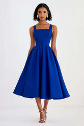 A Line Royal Blue Wedding Guest Dress Square Neck Knee-Length Formal Dress