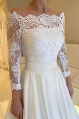 A Line Satin Lace Long Sleeve White Wedding Dress Bridal Gown With Appliques