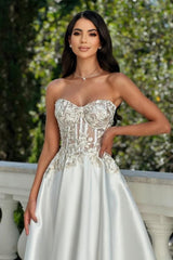 A Line Satin Lace Sweetheart Sleeveless Ivory Formal Dress With Appliques