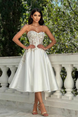 A Line Satin Lace Sweetheart Sleeveless Ivory Formal Dress With Appliques