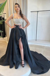 A Line Satin Square Sleeveless Black Prom Dress Formal Dress With Split