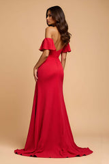 A Line Satin Sweetheart Red Wedding Guest Dress Long Formal Dress