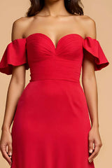 A Line Satin Sweetheart Red Wedding Guest Dress Long Formal Dress