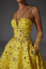 A Line Satin V Neck Sleeveless Yellow Formal Dress With Beading