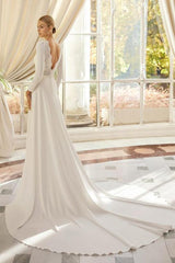 A Line Scoop Neck Long Sleeves Court Train Elastic Satin Wedding Dress With Lace: