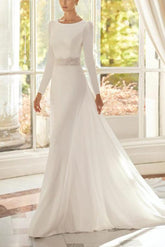 A Line Scoop Neck Long Sleeves Court Train Elastic Satin Wedding Dress With Lace: