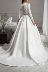 A Line Scoop Neck Long Sleeves Sweep Train Satin Wedding Dress