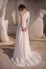 A Line Scoop Neck Long Sleeves Sweep Train Wedding Dress With Front Split