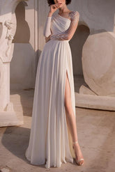 A Line Scoop Neck Long Sleeves Sweep Train Wedding Dress With Front Split